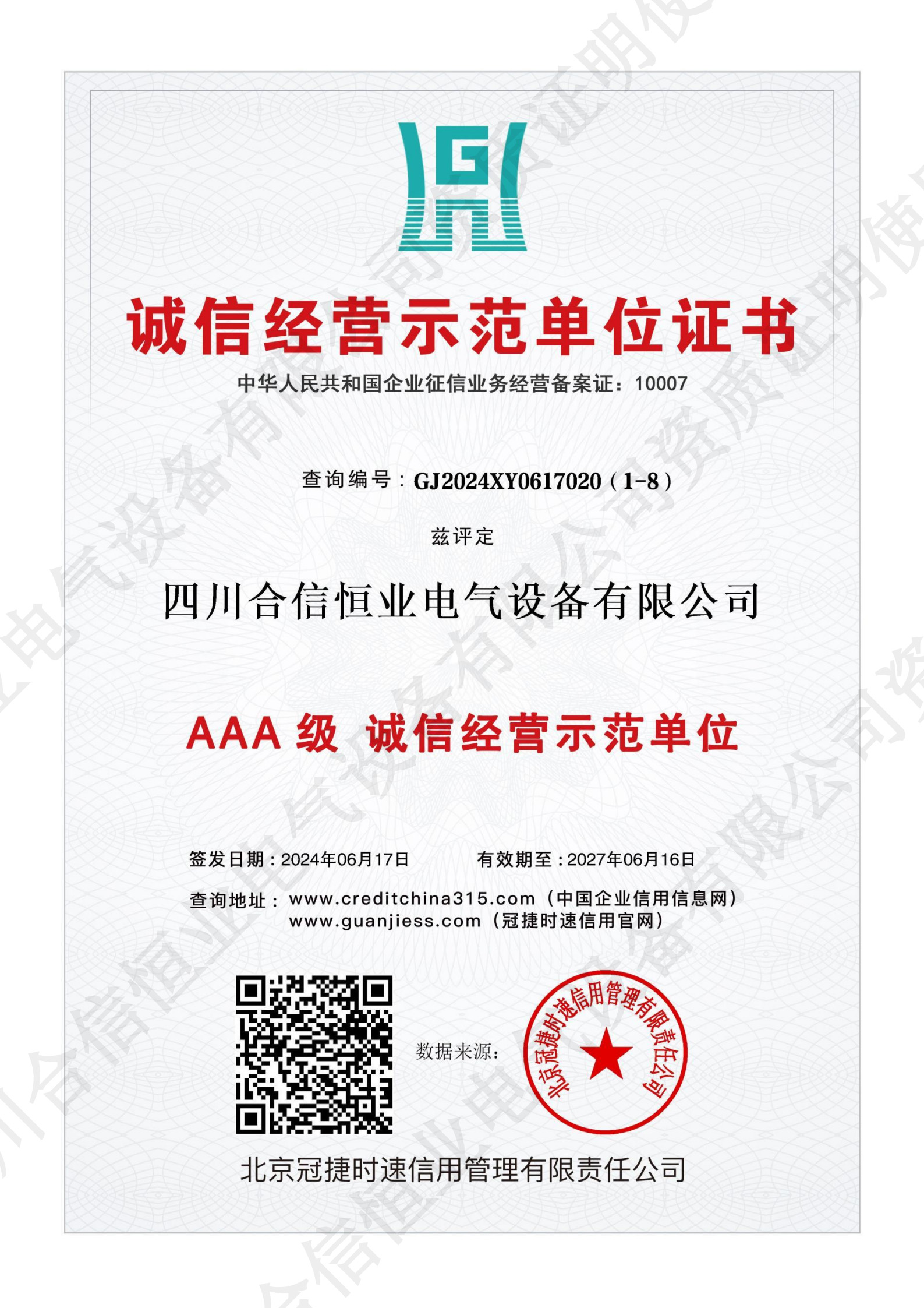 诚信经营示范单位证书